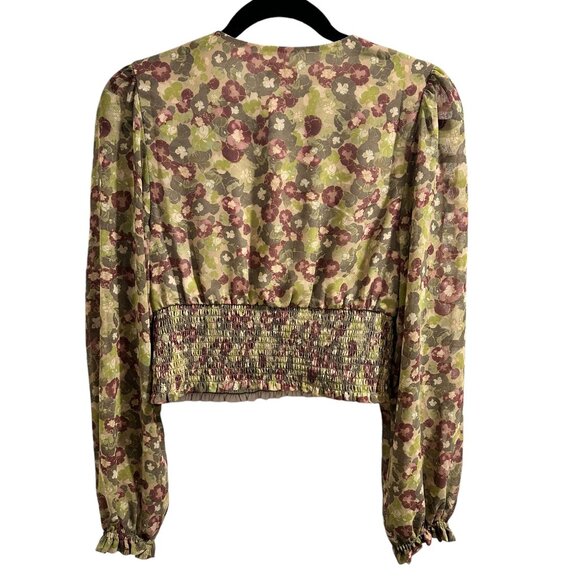 ✌️ 2/$40 ✌️ Artizia Wilfred Floral Green & Plum Plunging Neck Blouse sz M - Picture 7 of 8